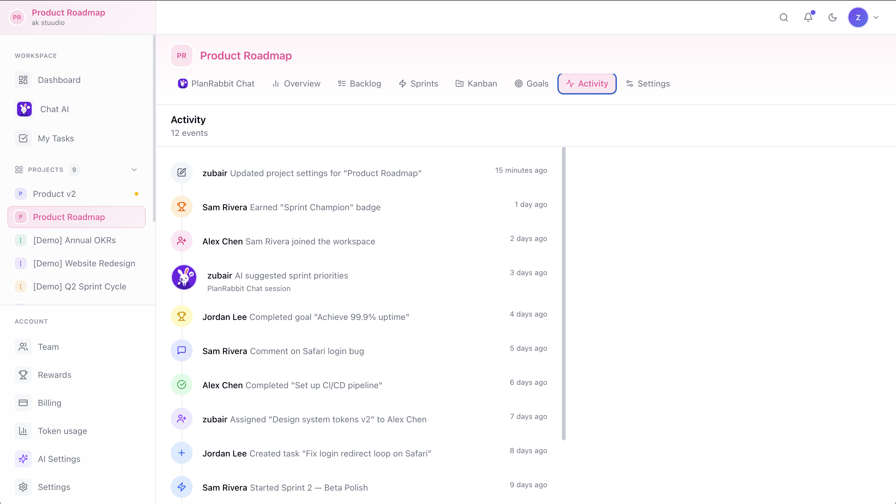 Plan Rabbit activity feed showing project collaboration history