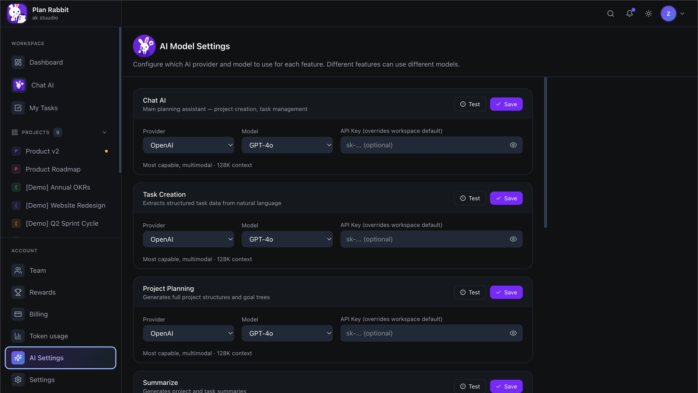 Plan Rabbit AI model settings — per-feature provider configuration