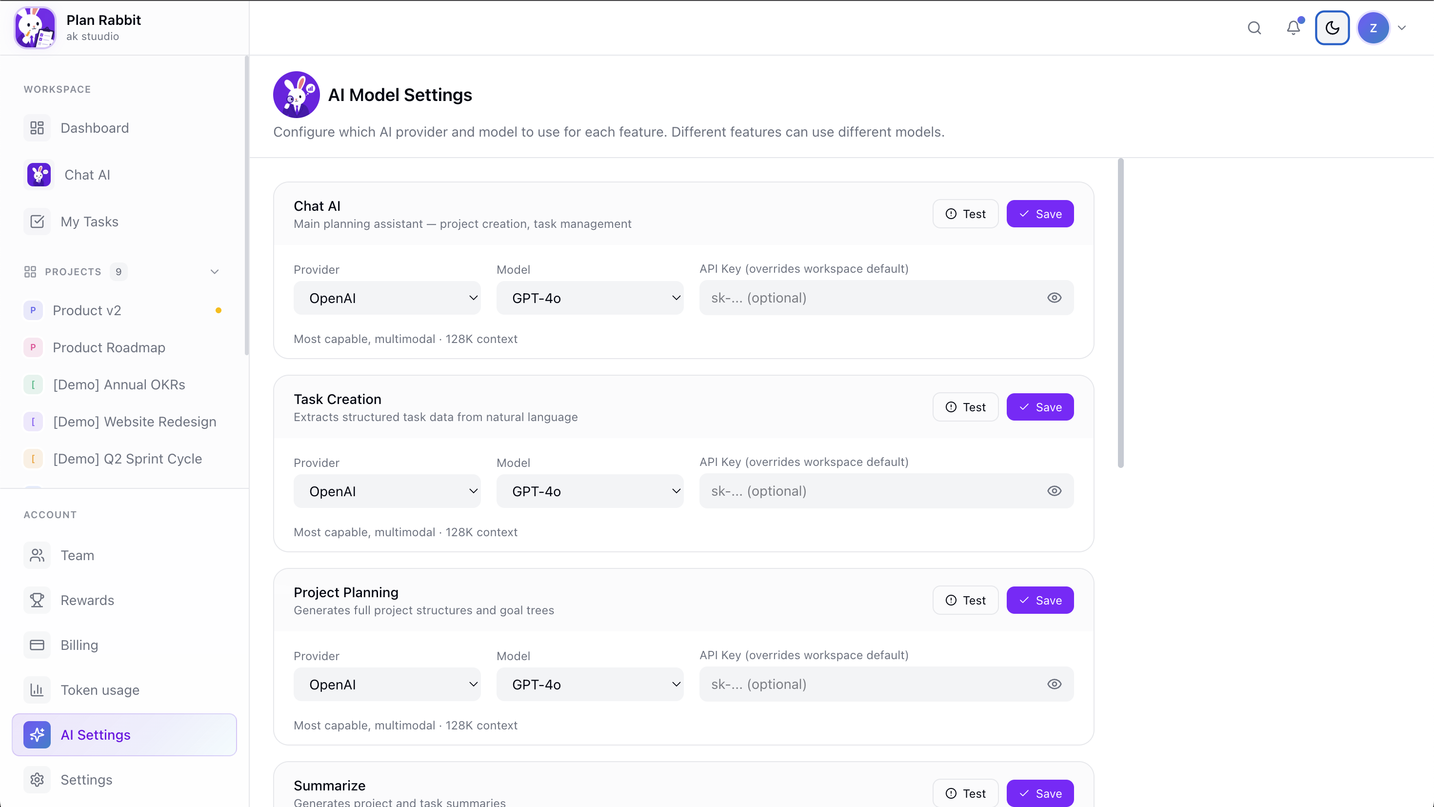 Plan Rabbit AI model settings — per-feature provider configuration