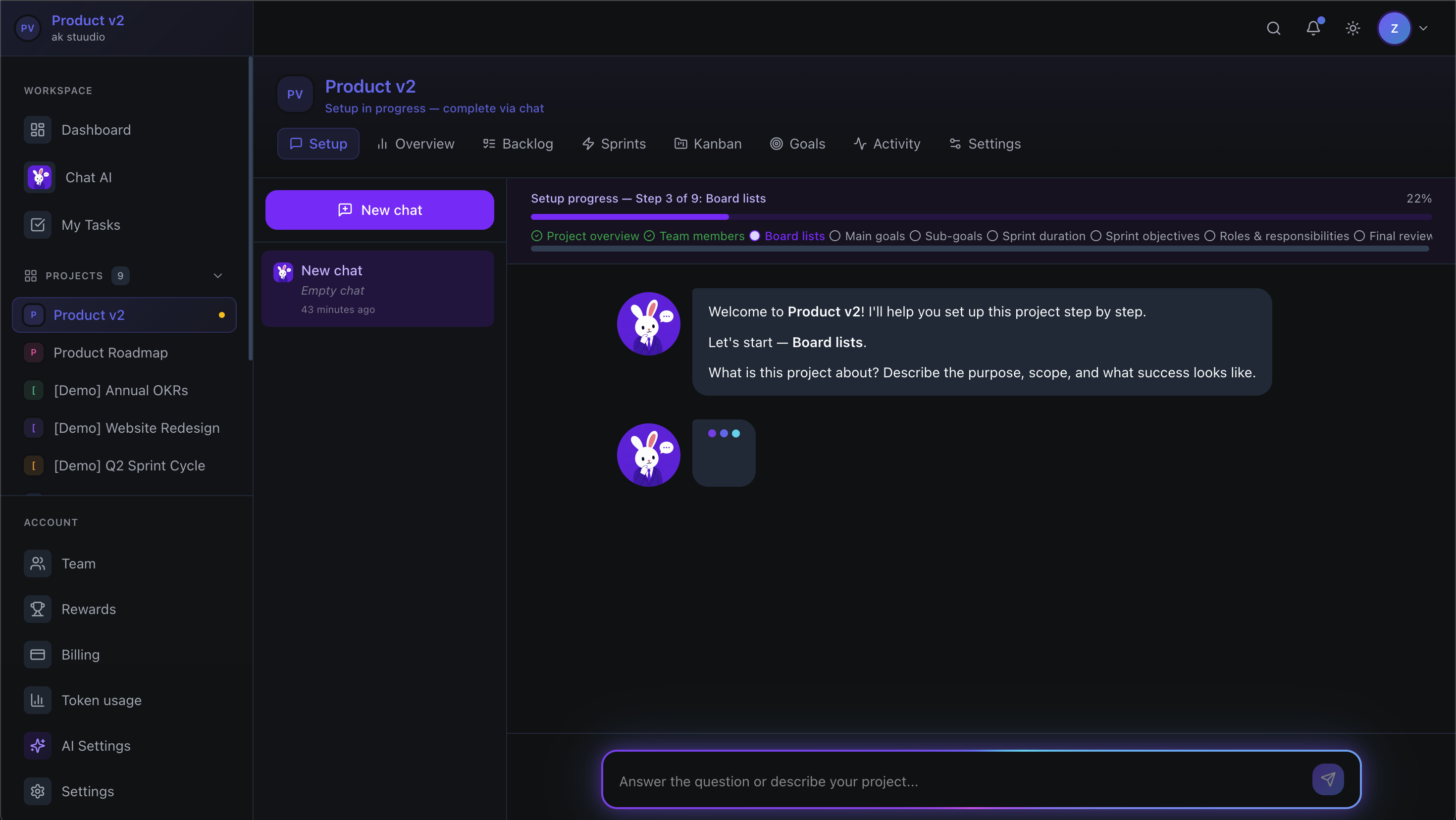 Plan Rabbit Chat AI creating a project from natural language