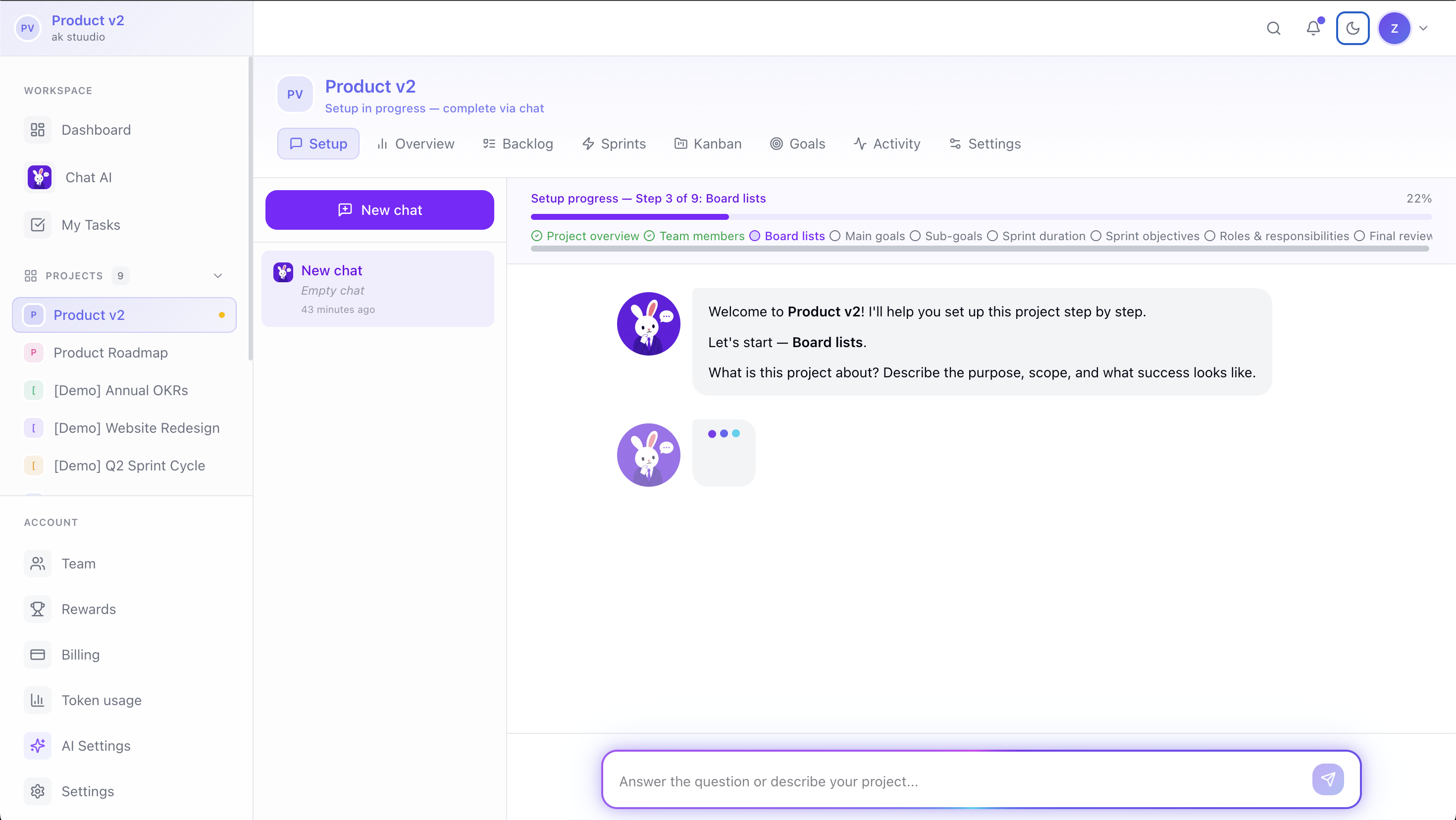 Plan Rabbit Chat AI creating a project from natural language