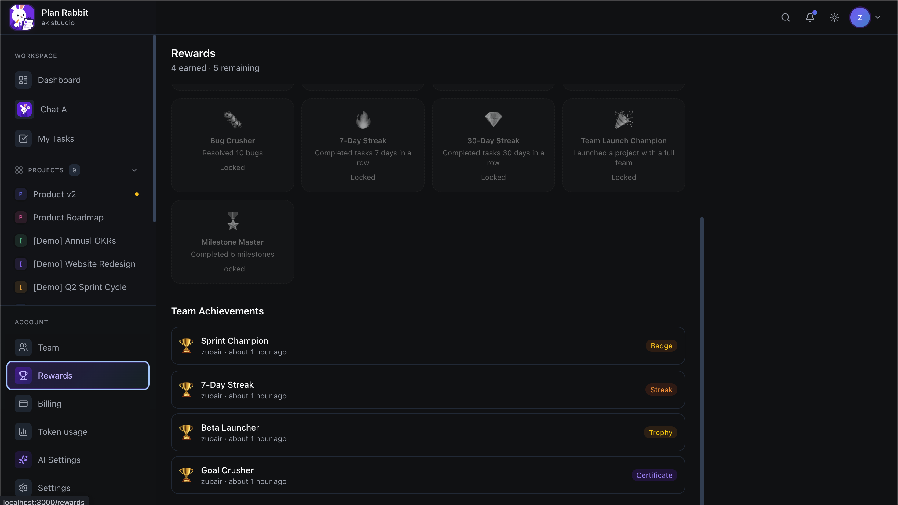 Plan Rabbit rewards page with badges and achievement tracking