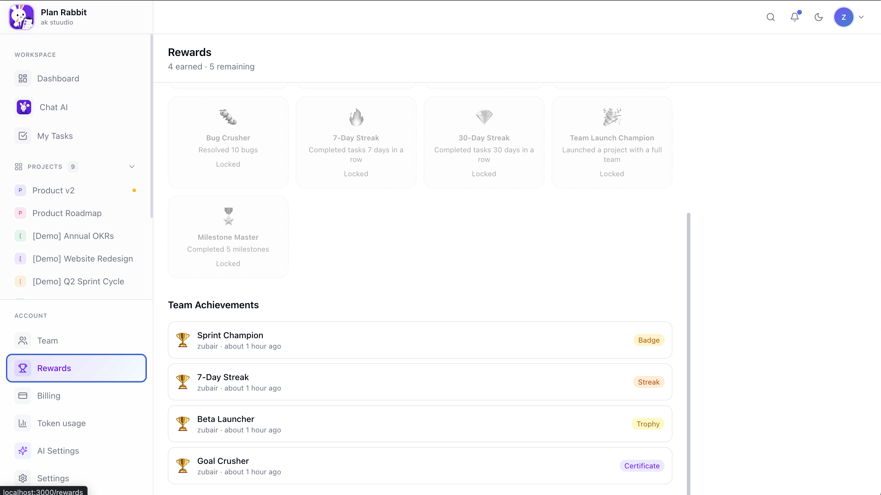 Plan Rabbit rewards page with badges and achievement tracking